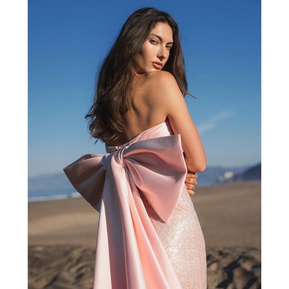 Mac Duggal Blush Pink Strapless Embellished Gown With Back Bow Detail $898 Sz 10 - Picture 5 of 15
